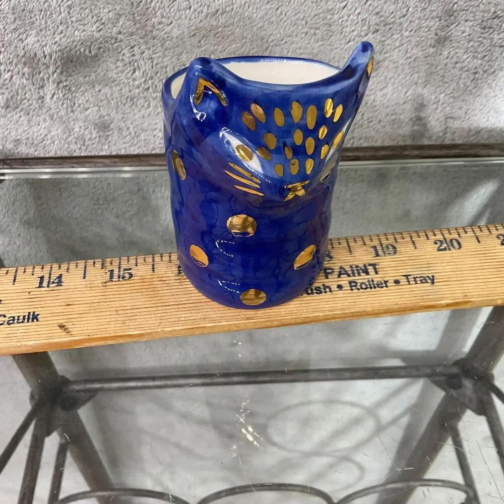 Bird Can Fox for Anthropologie Ceramic Cat-Shaped Vase Brush pen holder blue/gld
